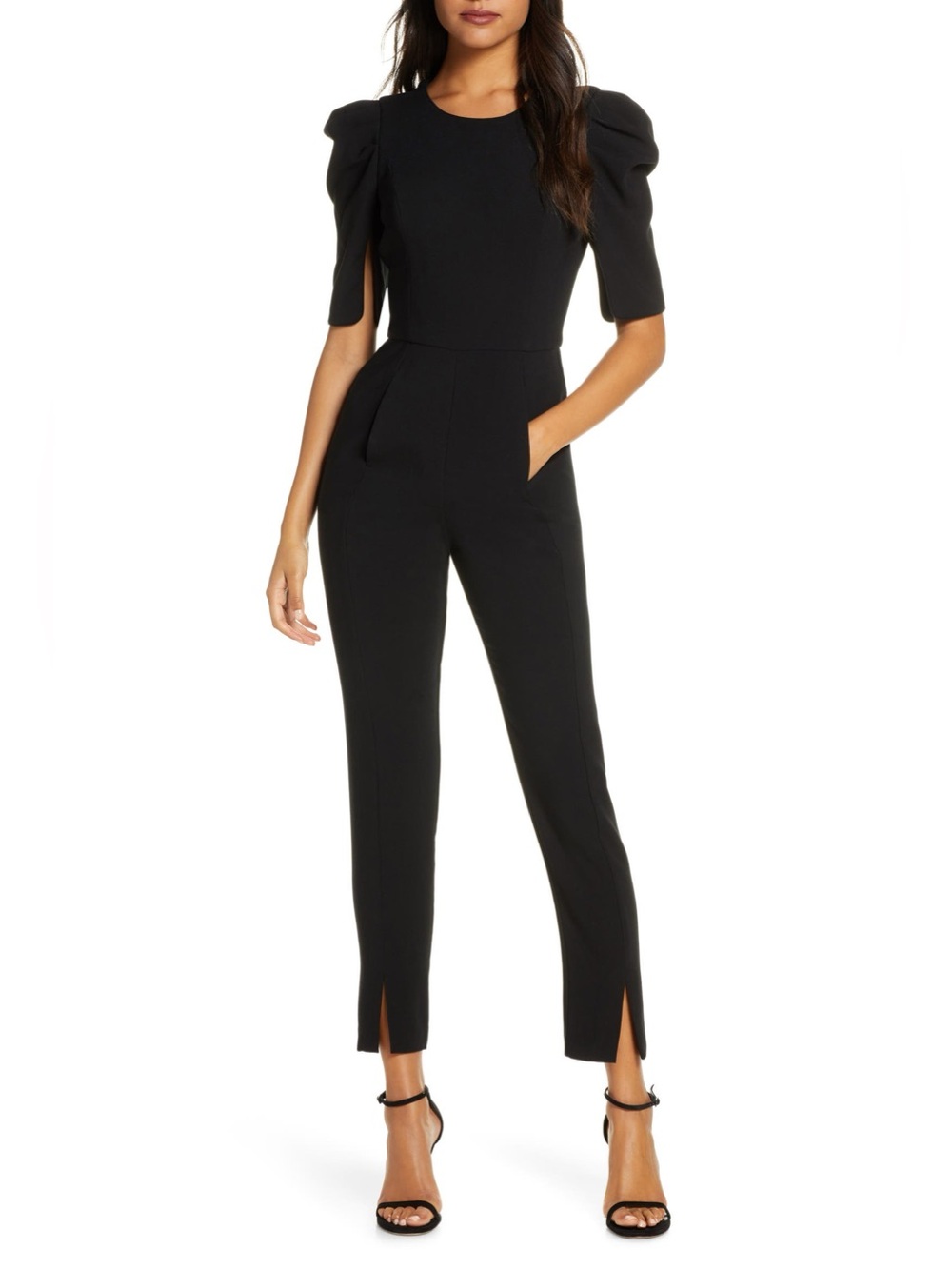BLACK HALO Russo Black Puff Sleeve Round Neck Slim Tapered Jumpsuit Size 2